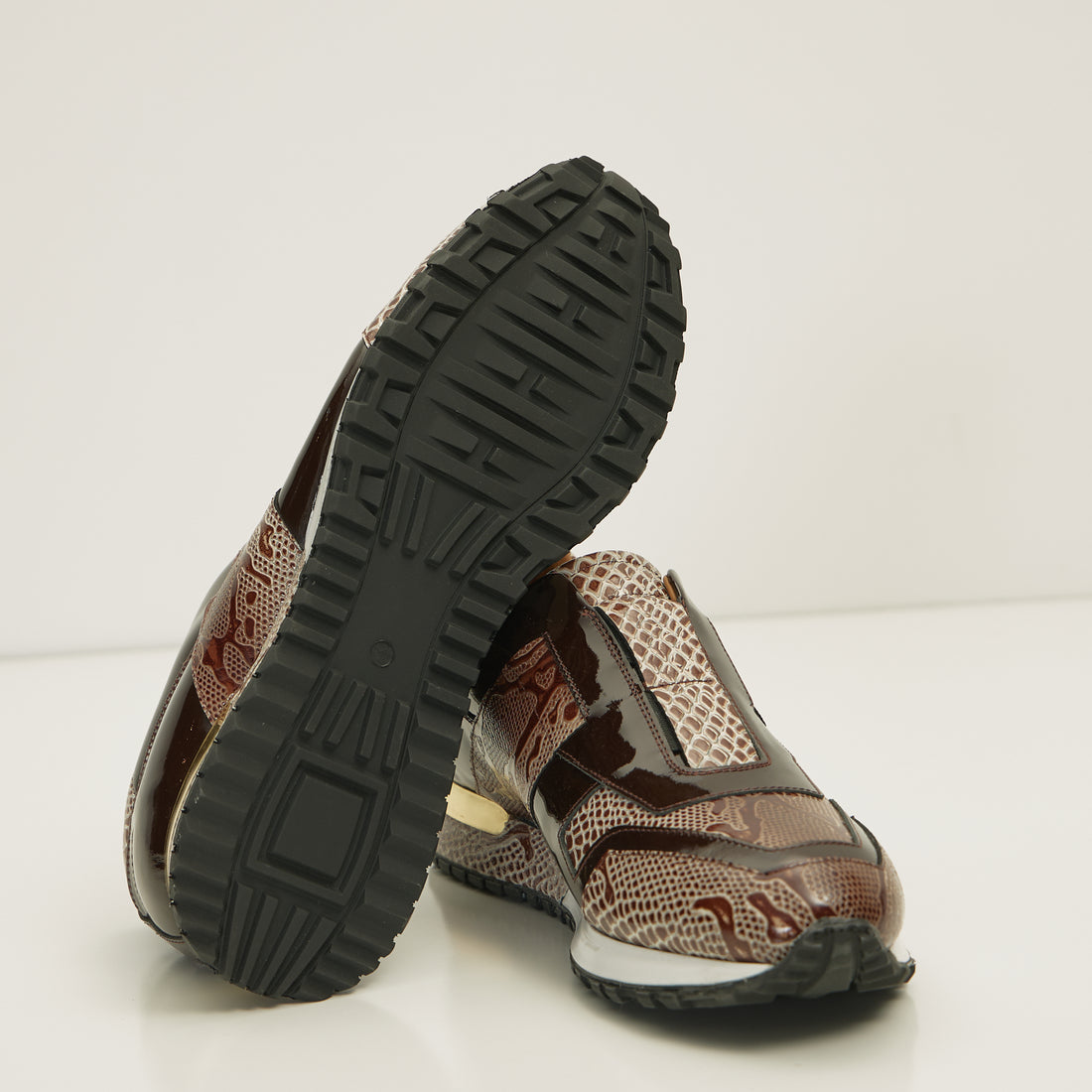 Leather Embossed Snakeskin Sneakers - Brown Beige