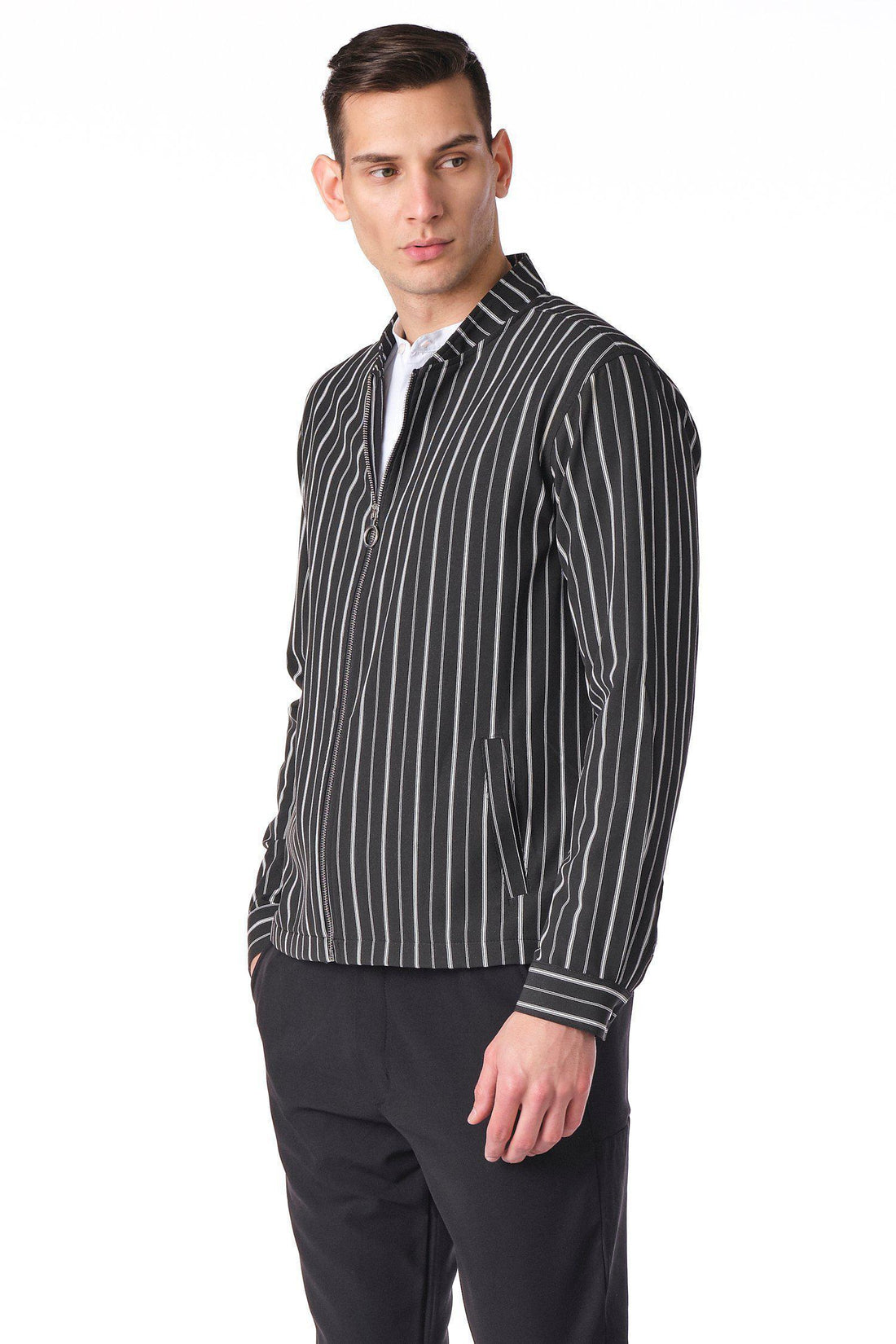 Zip-up shell jacket featuring a black and white pinstripe pattern.