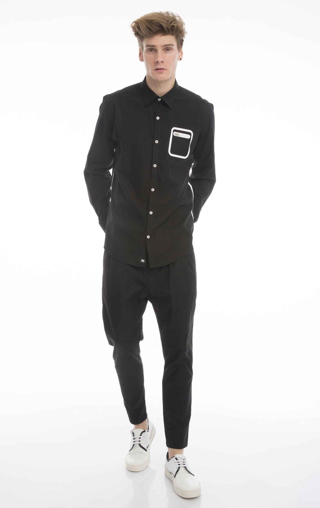 Contrast Cord Zipper Long Sleeve Shirt - Black - Ron Tomson