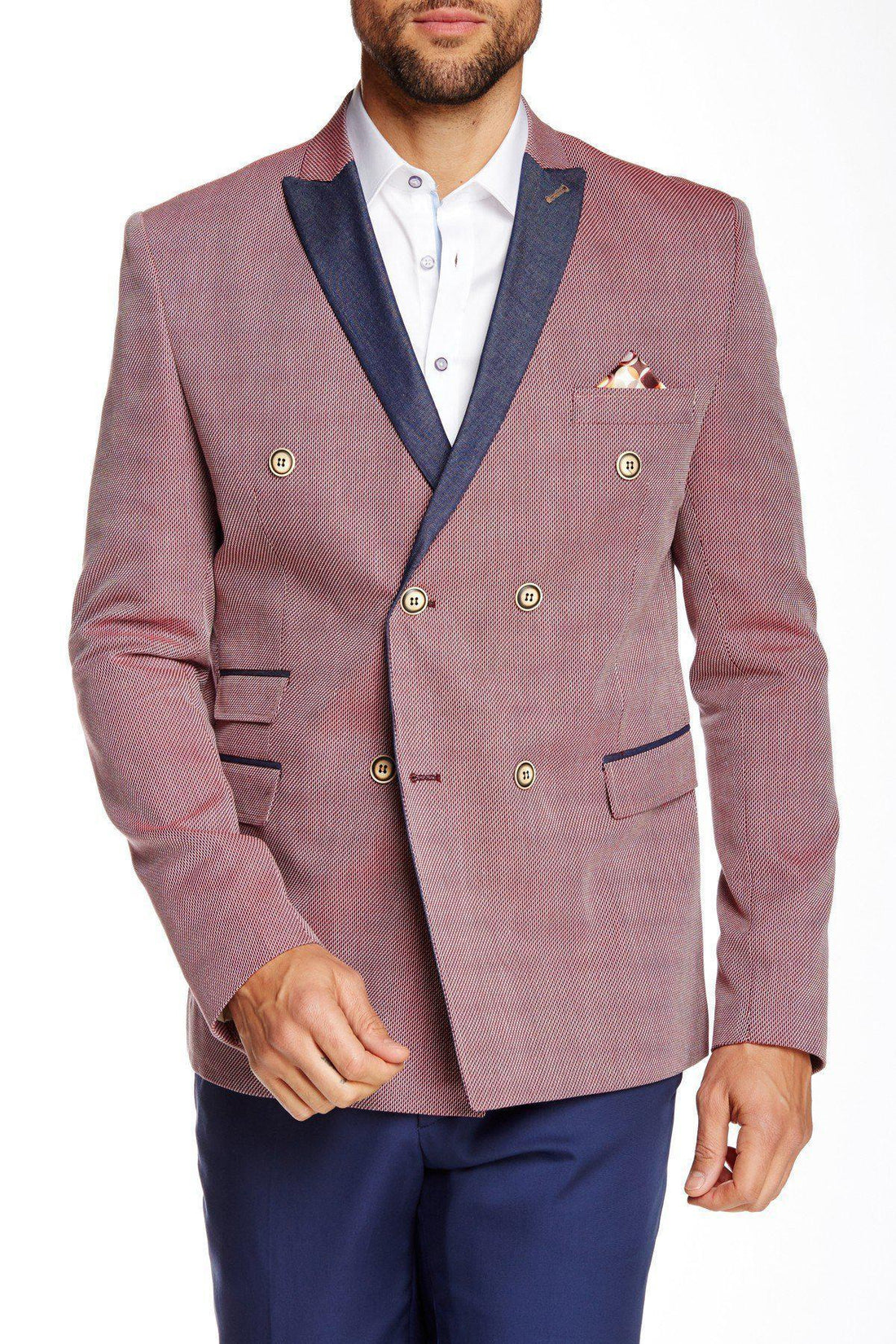CONTRAST LAPEL DOUBLE BREASTED BLAZER - RED - Ron Tomson