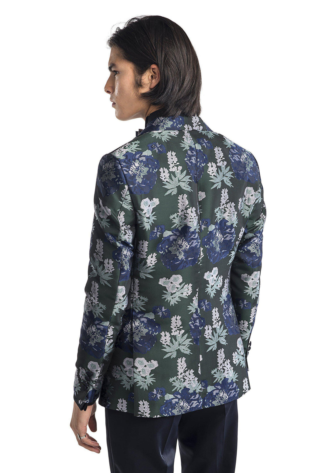 Contrast Peak Lapel All Over Floral Tuxedo - Navy Green - Ron Tomson