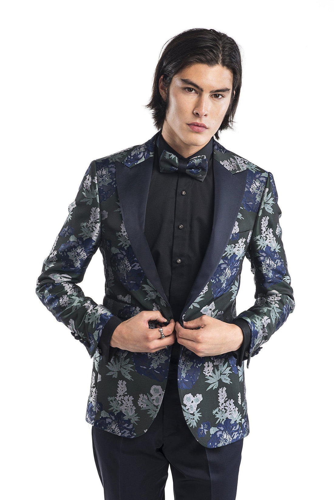 Contrast Peak Lapel All Over Floral Tuxedo - Navy Green - Ron Tomson