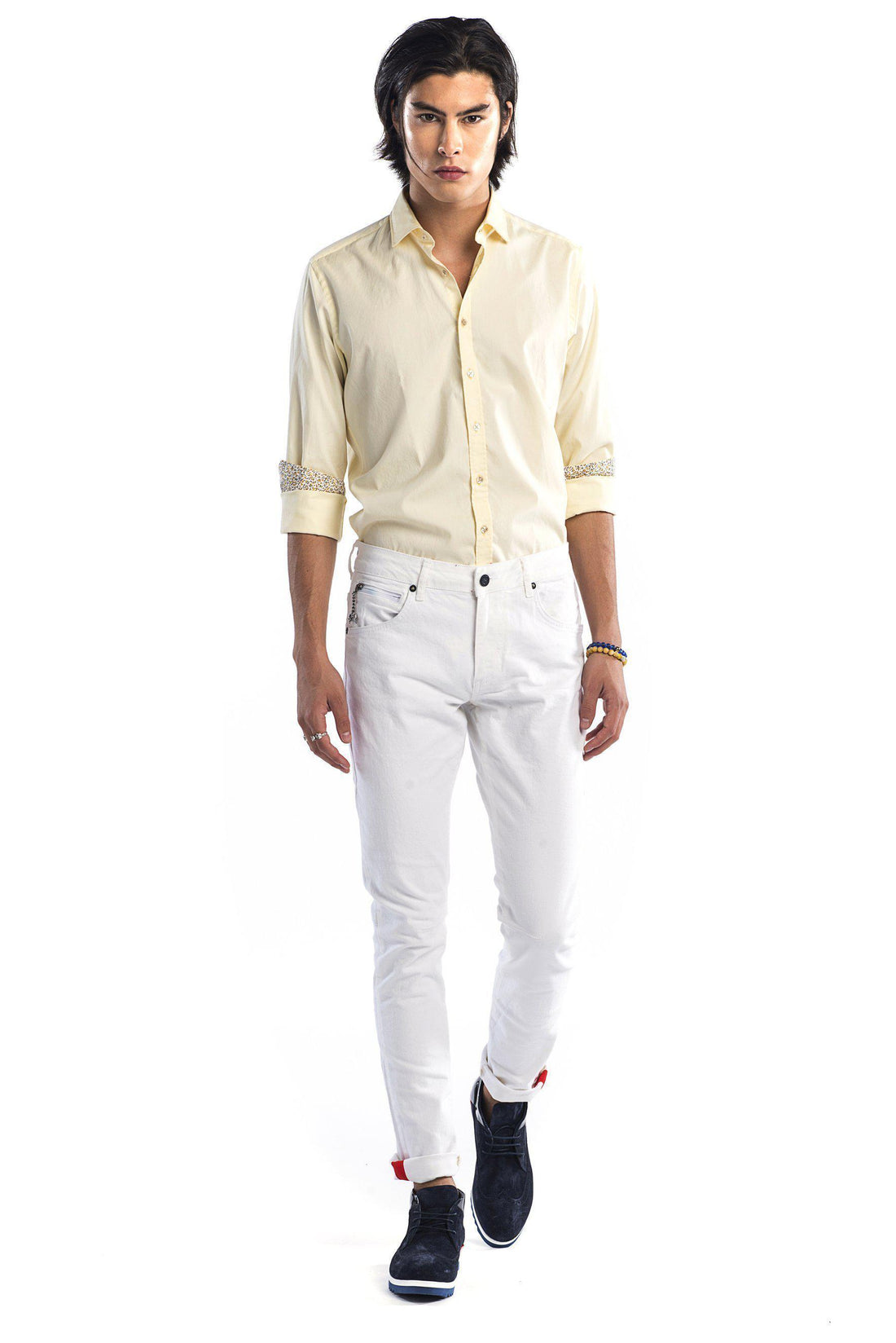 Contrast Slim Fit Spread Collar Shirt - Yellow - Ron Tomson