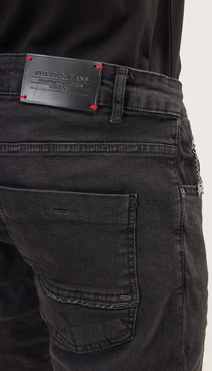 Cuff Detail Inner Red Stripe Denim - Black - Ron Tomson