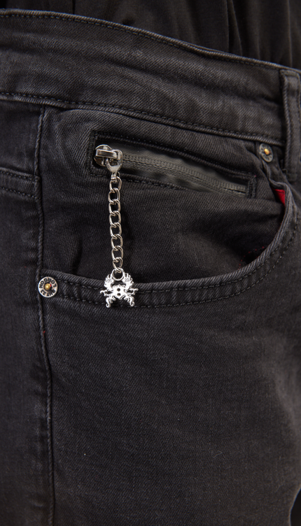 Cuff Detail Inner Red Stripe Denim - Black - Ron Tomson