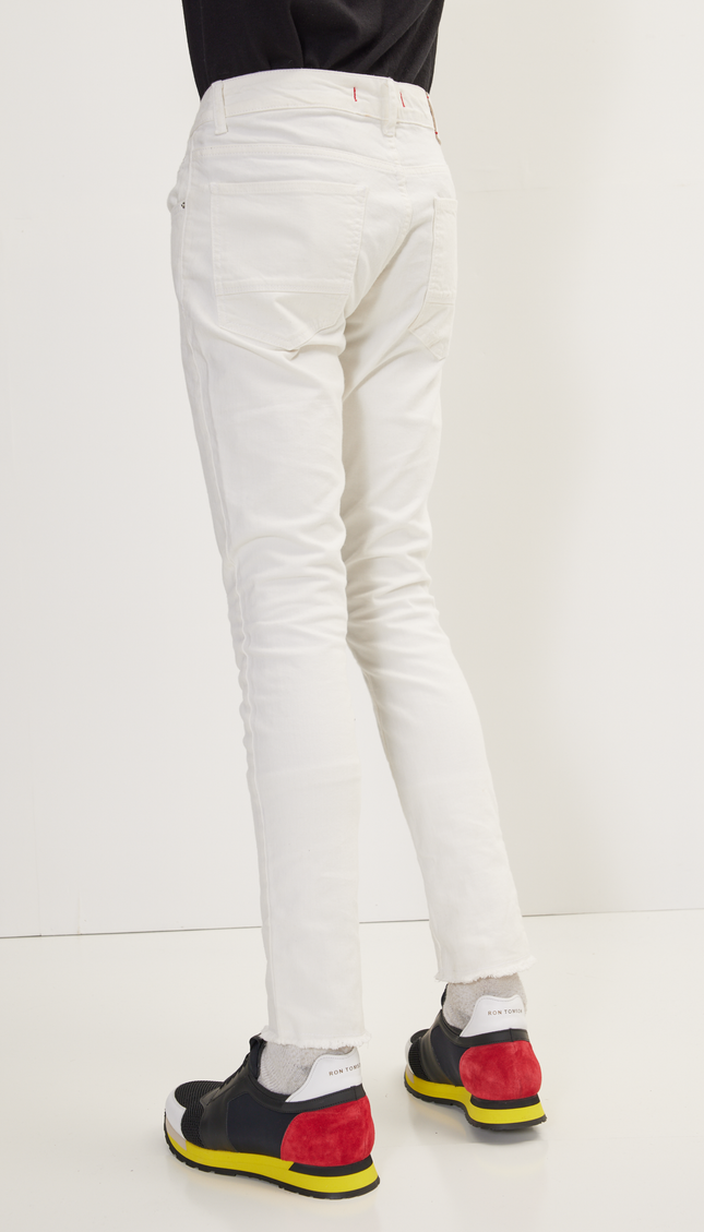 Distressed Ripped Hem Skinny Jeans - White - Ron Tomson