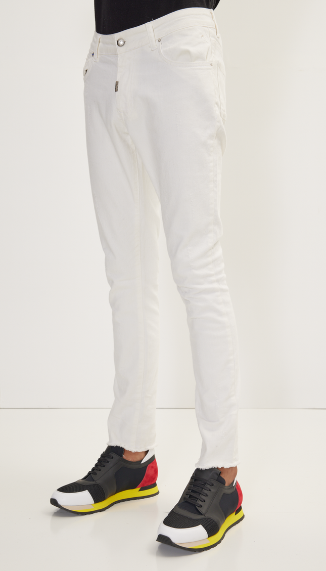 Distressed Ripped Hem Skinny Jeans - White - Ron Tomson