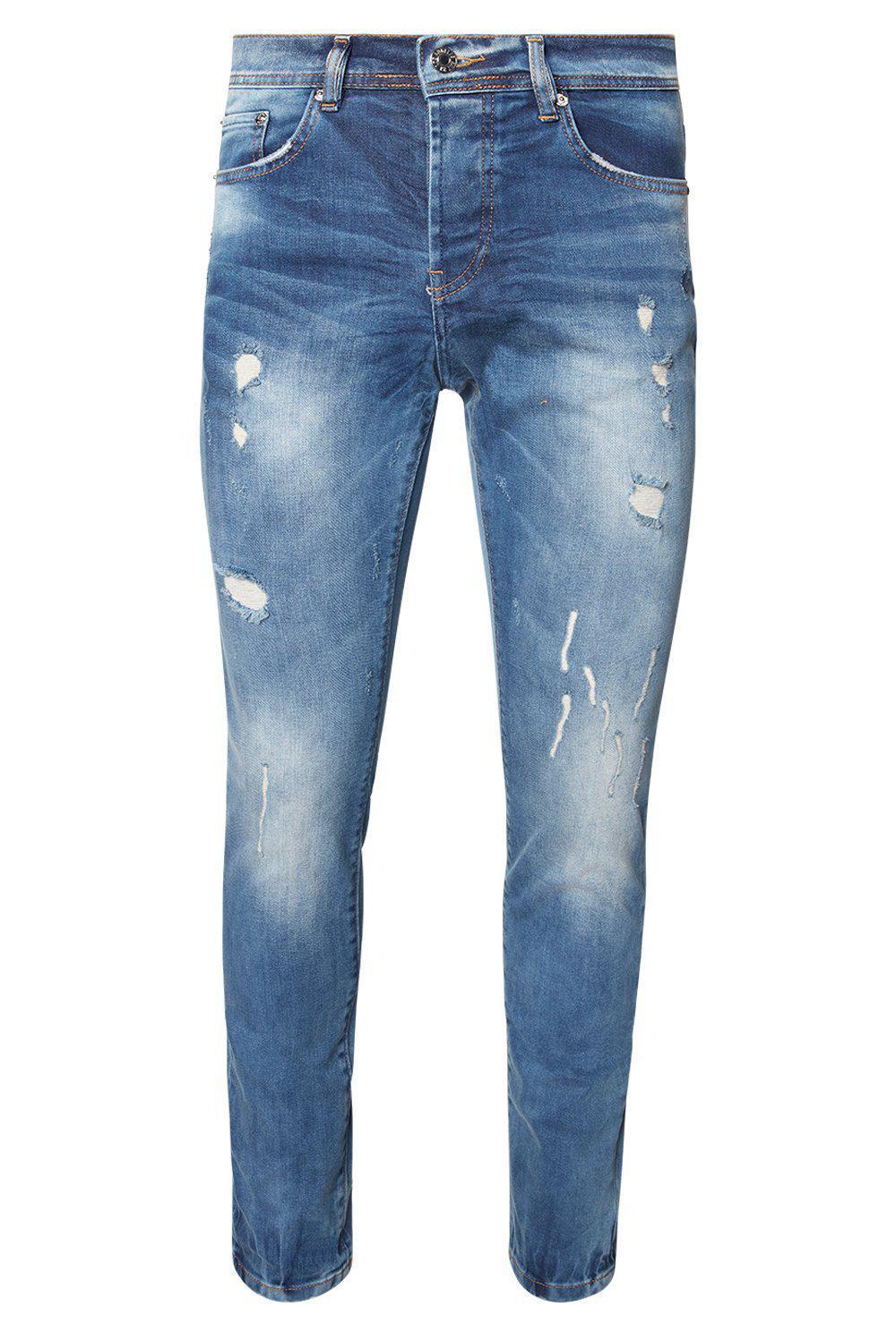 DISTRESSED SLIM TAPERED NAVY JEANS - Ron Tomson