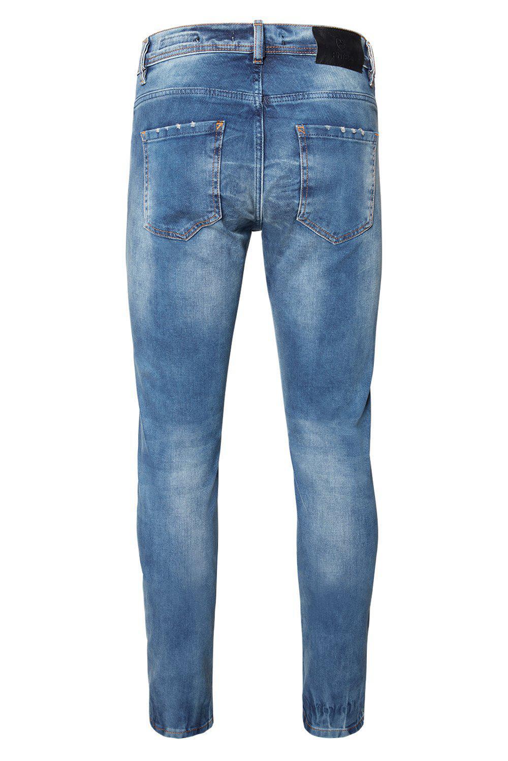 DISTRESSED SLIM TAPERED NAVY JEANS - Ron Tomson