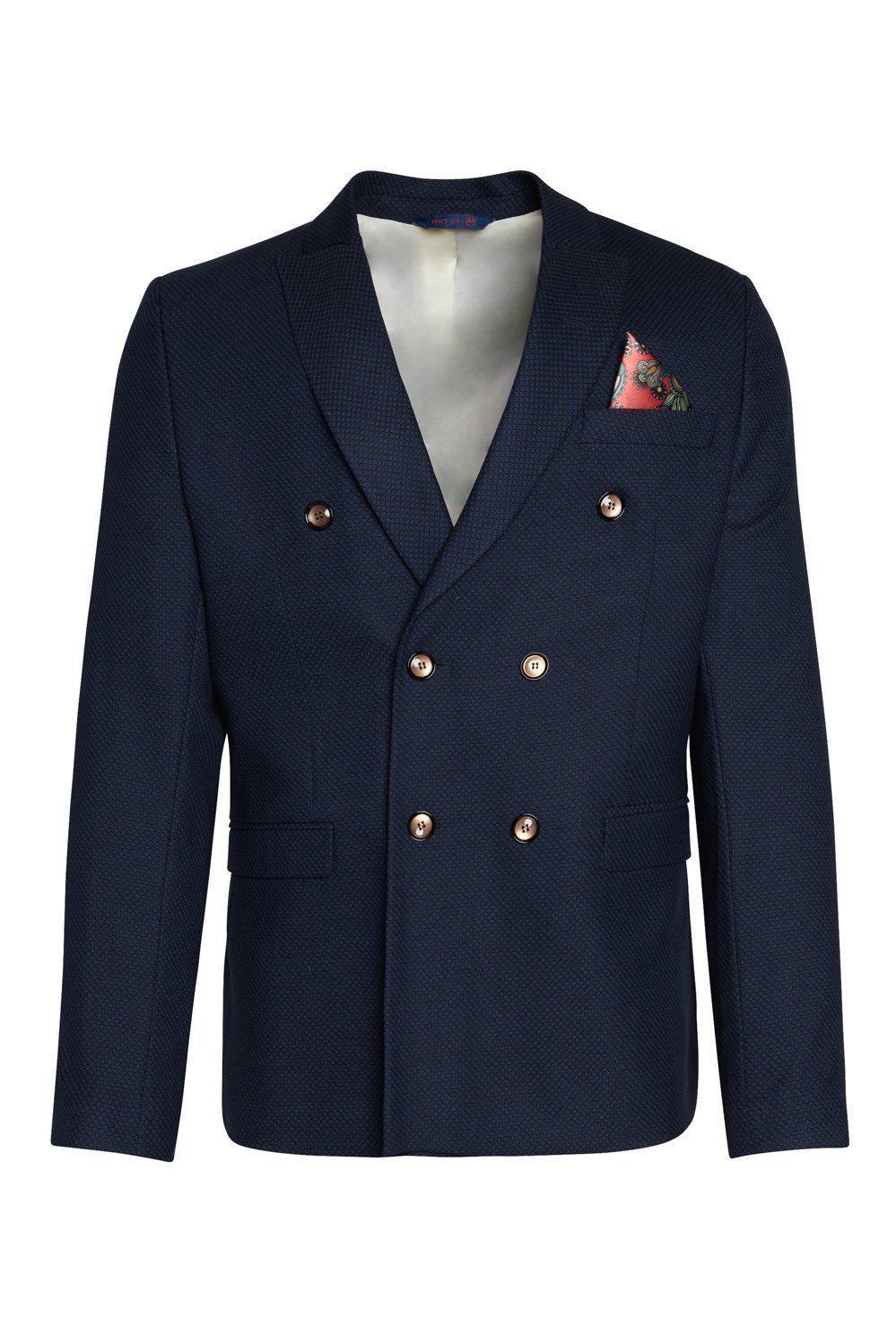 Double Breasted Fitted Stretch Blazer - Navy - Ron Tomson
