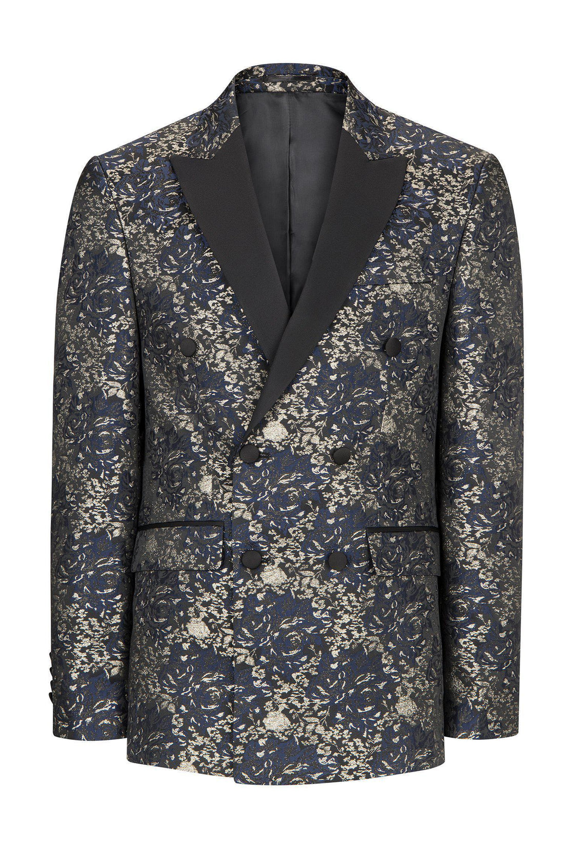 DOUBLE BREASTED FLORAL PEAK LAPEL TUXEDO - NAVY - Ron Tomson