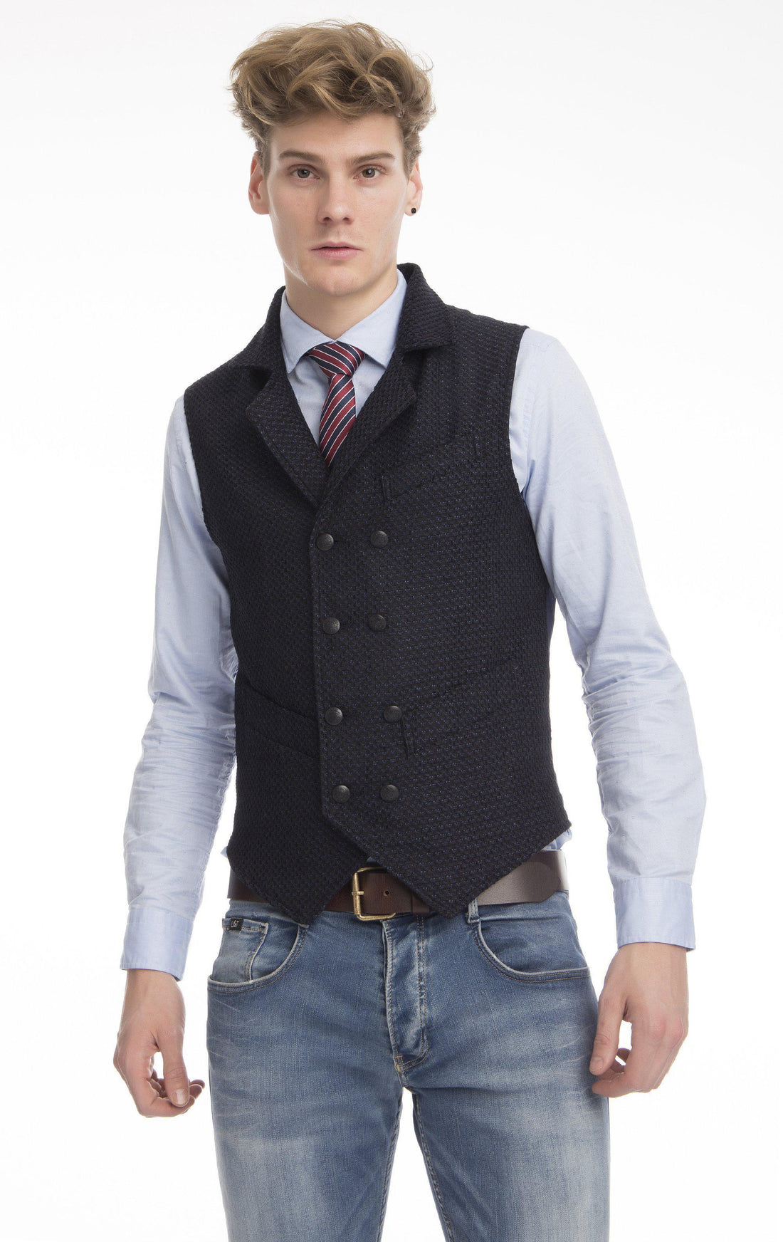 Double Breasted Notch Lapel Vest - Navy - Ron Tomson