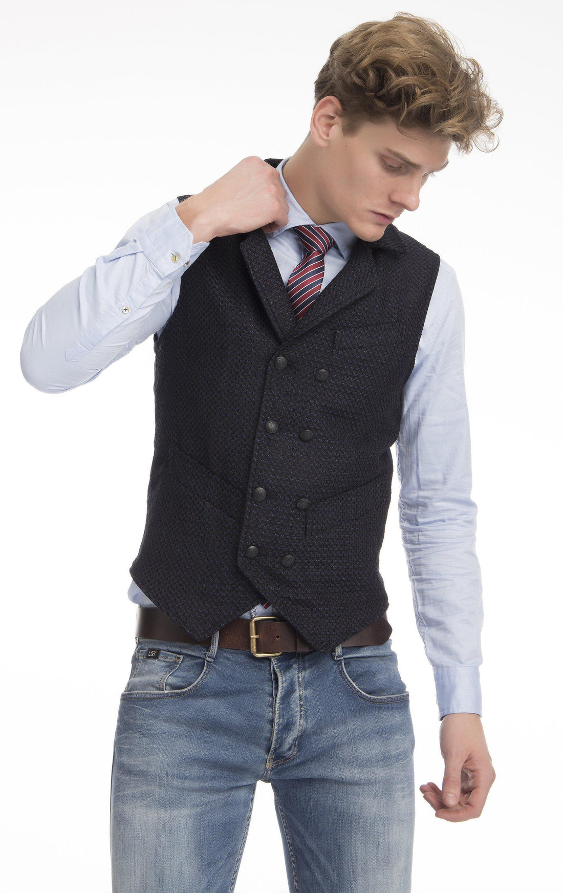Double Breasted Notch Lapel Vest - Navy - Ron Tomson