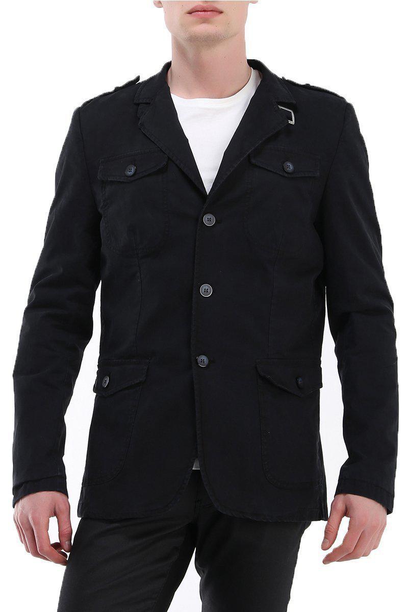 Safari-style cotton men's designer jacket in black with epaulettes.