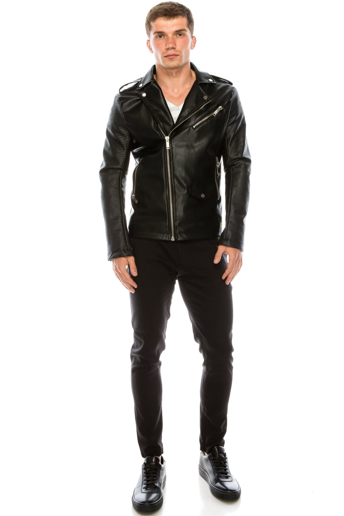 Faux leather designer men's jacket in black.