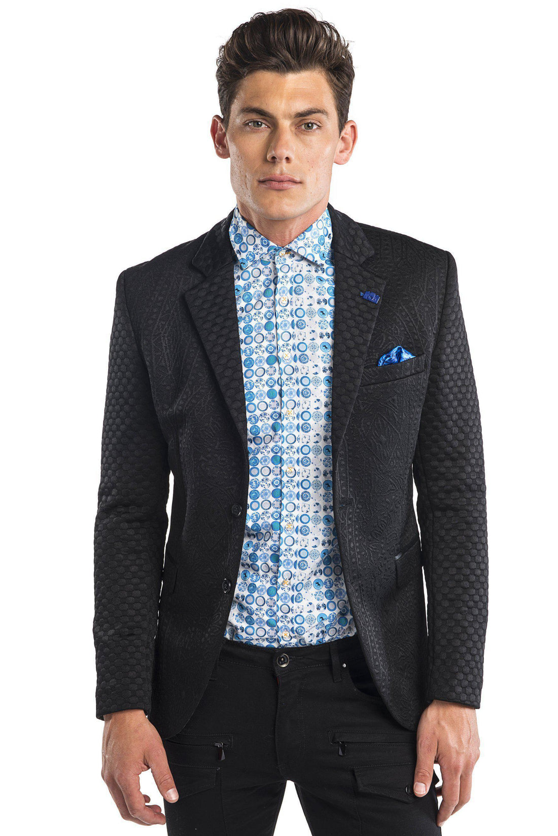 Fitted Brocade Jacket - Black - Ron Tomson