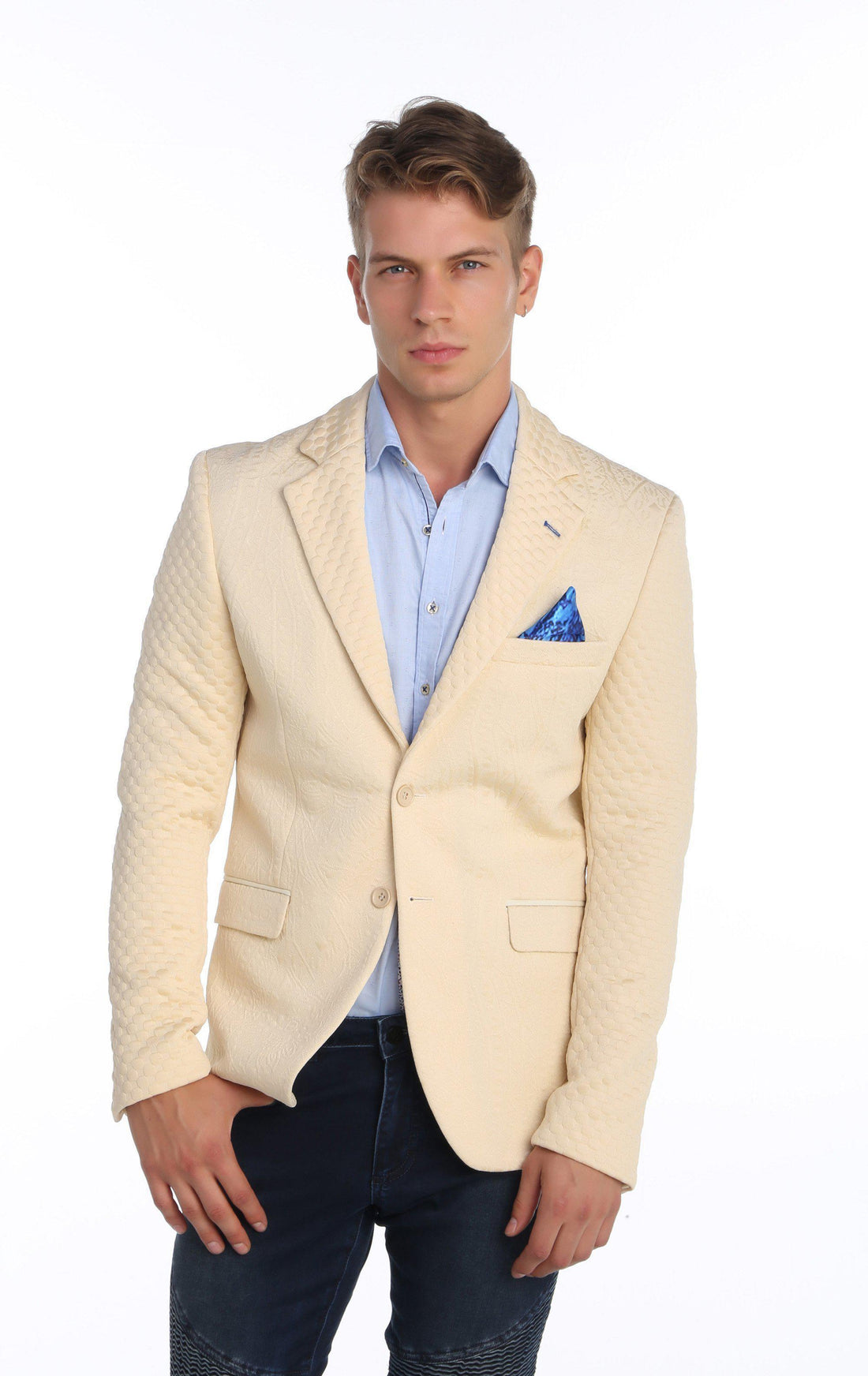 Fitted brocade patterned jacket for men in ecru cream.