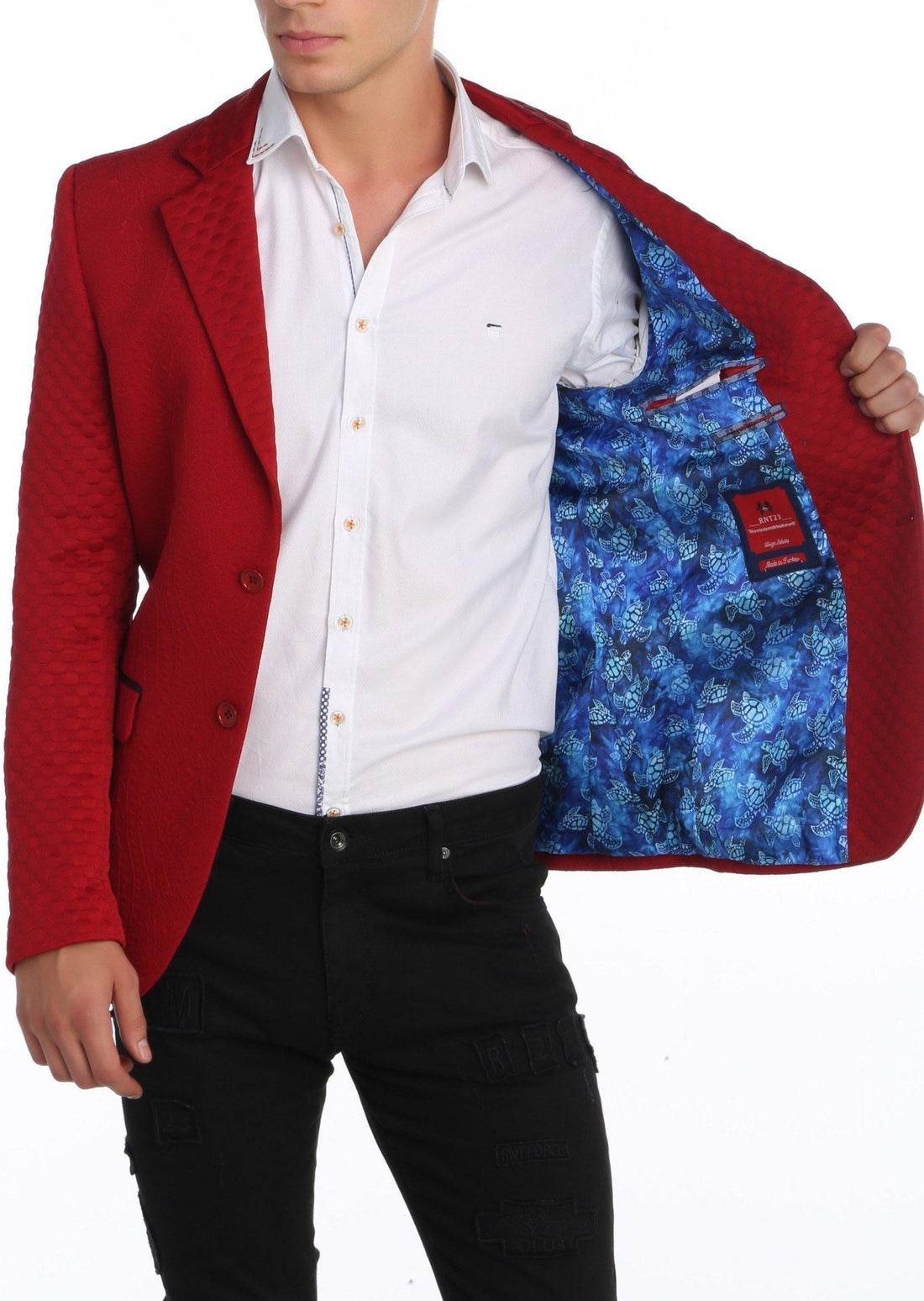 Fitted Brocade Jacket - Red - Ron Tomson