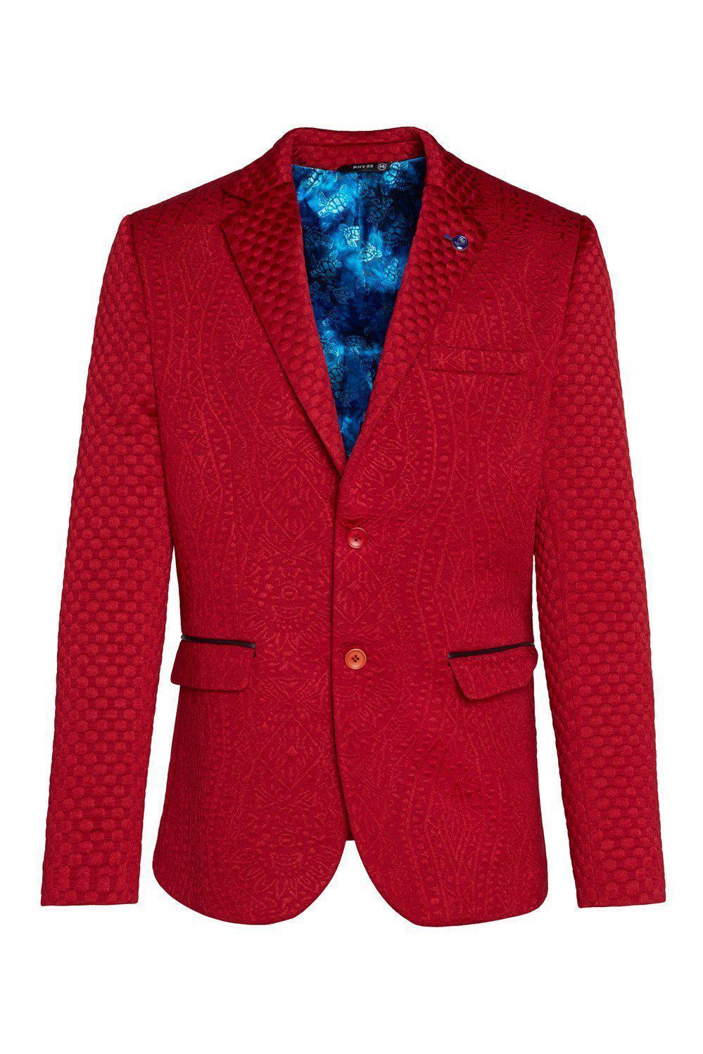 Red-colored fitted brocade designer jacket for men.