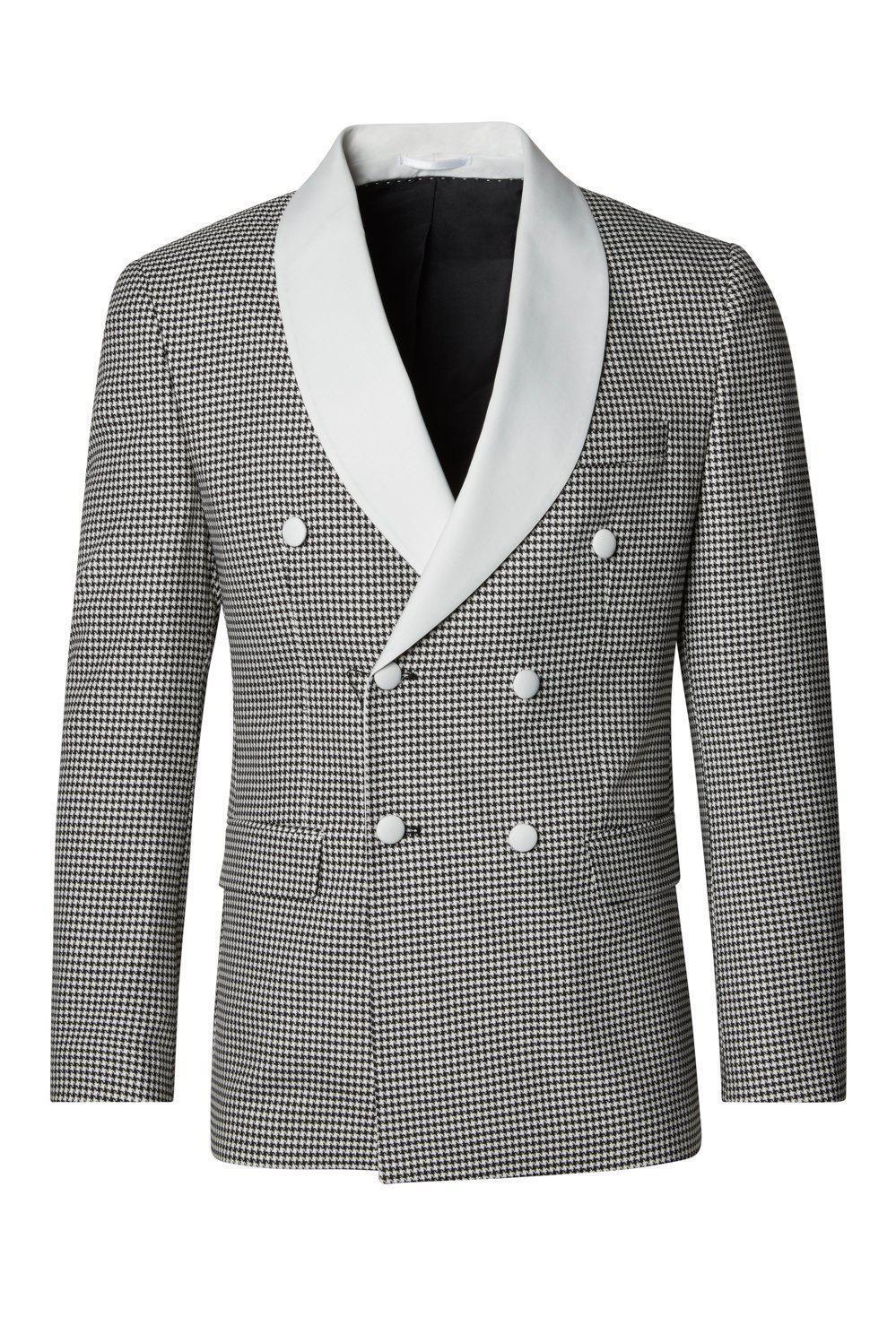 Houndstooth Double Breasted Tuxedo - Beige Black 1 - Ron Tomson