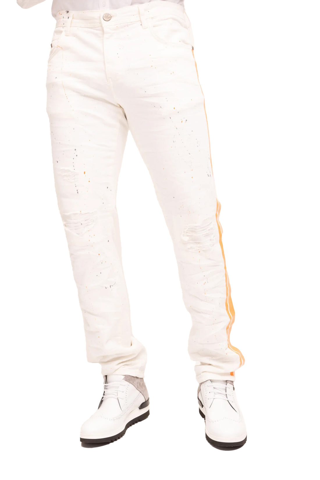 Yellow Splattered Stripe Cotton Jeans - White