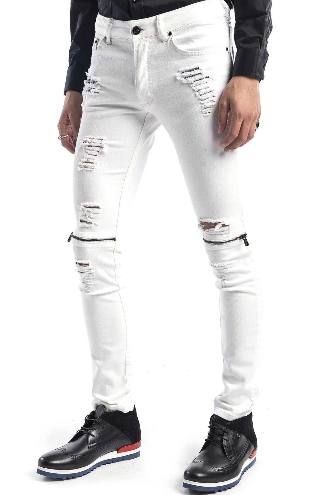 Knee Zip Distressed Jeans - WHITE BLACK - Ron Tomson