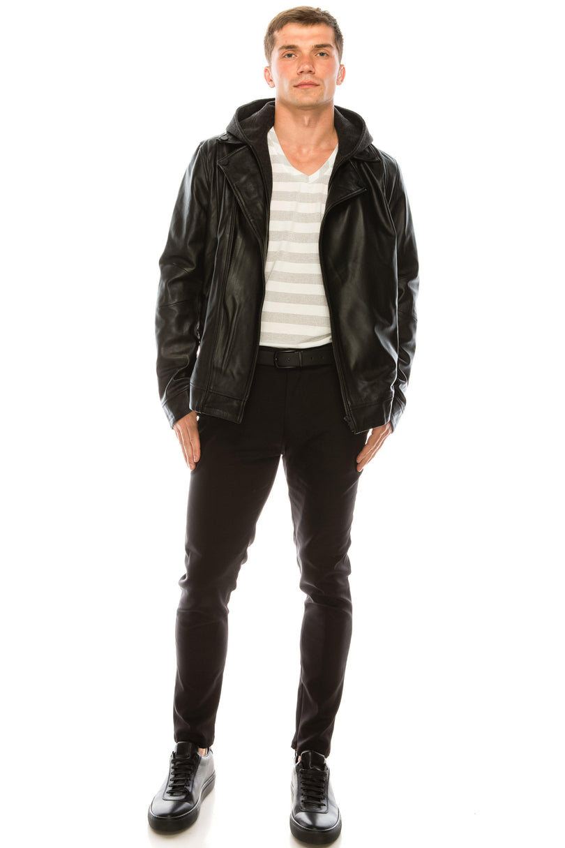 Men's Hooded Zip Front Leather Jacket - Black - Ron Tomson Leather
