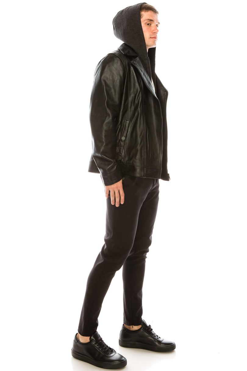 Men's Hooded Zip Front Leather Jacket - Black - Ron Tomson Leather
