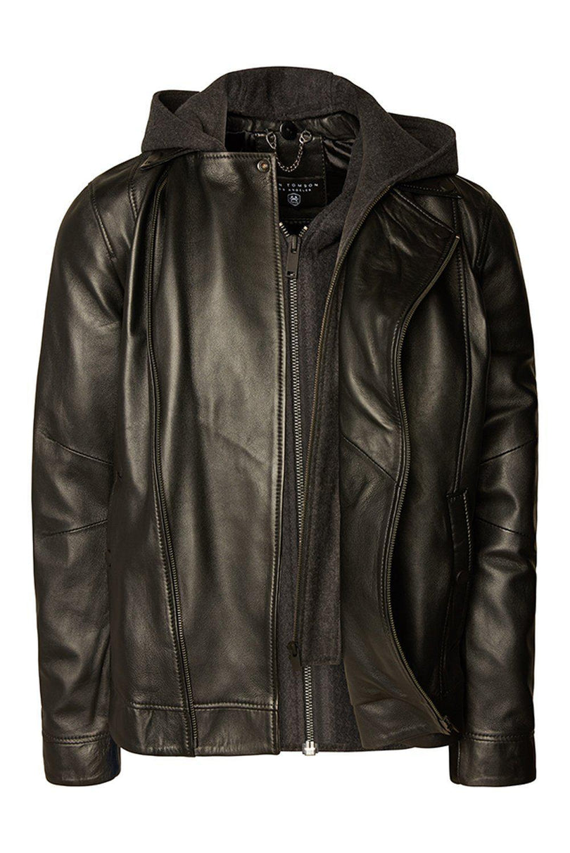 Men's Hooded Zip Front Leather Jacket - Black - Ron Tomson Leather