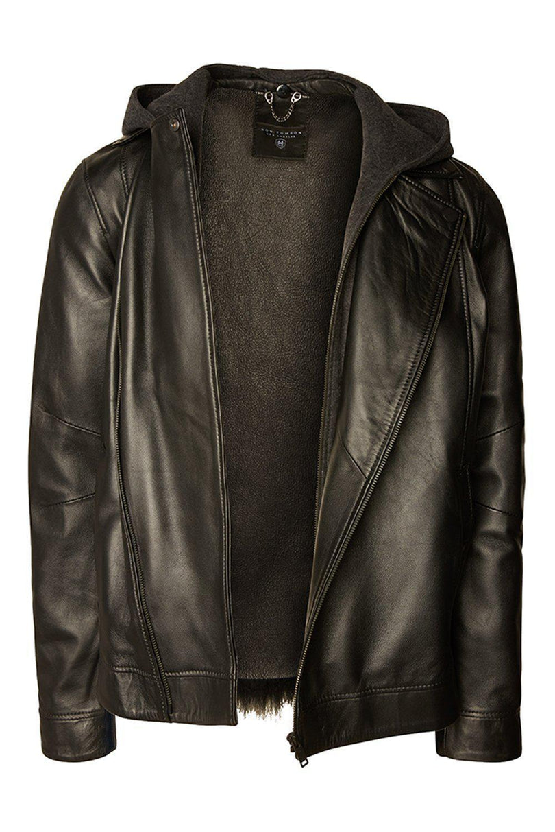 Men's Hooded Zip Front Leather Jacket - Black - Ron Tomson Leather