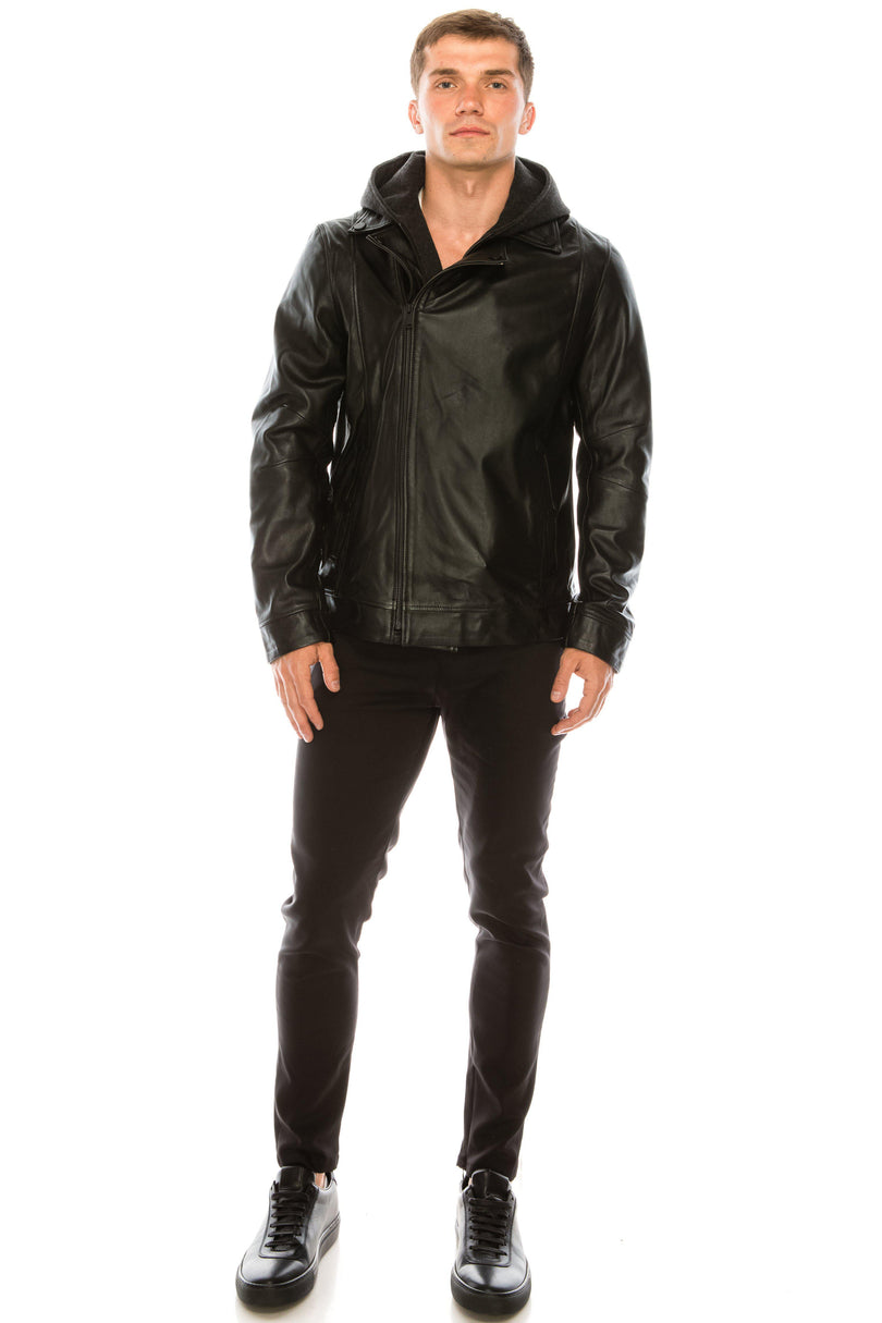 Men's Hooded Zip Front Leather Jacket - Black - Ron Tomson Leather