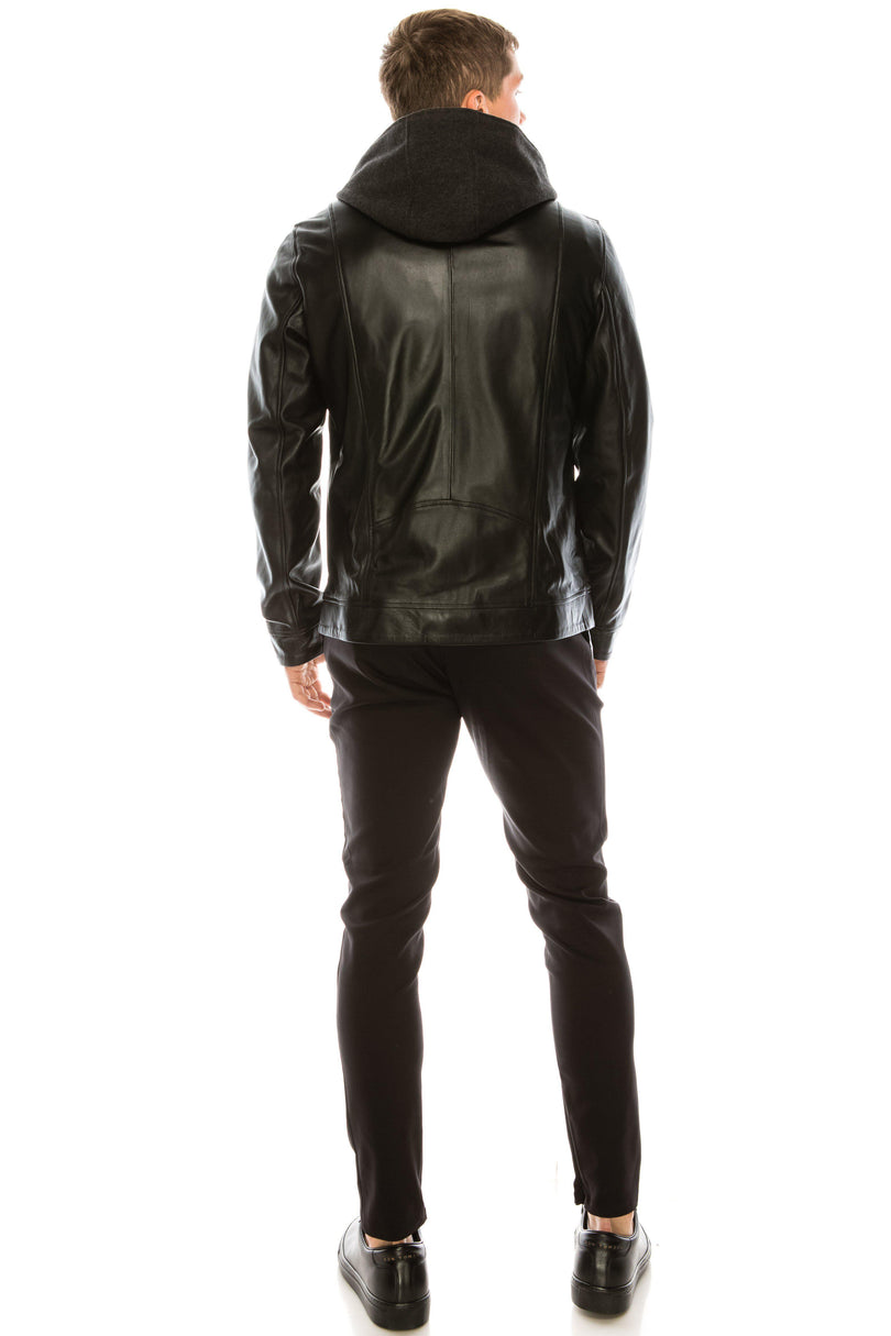 Men's Hooded Zip Front Leather Jacket - Black - Ron Tomson Leather