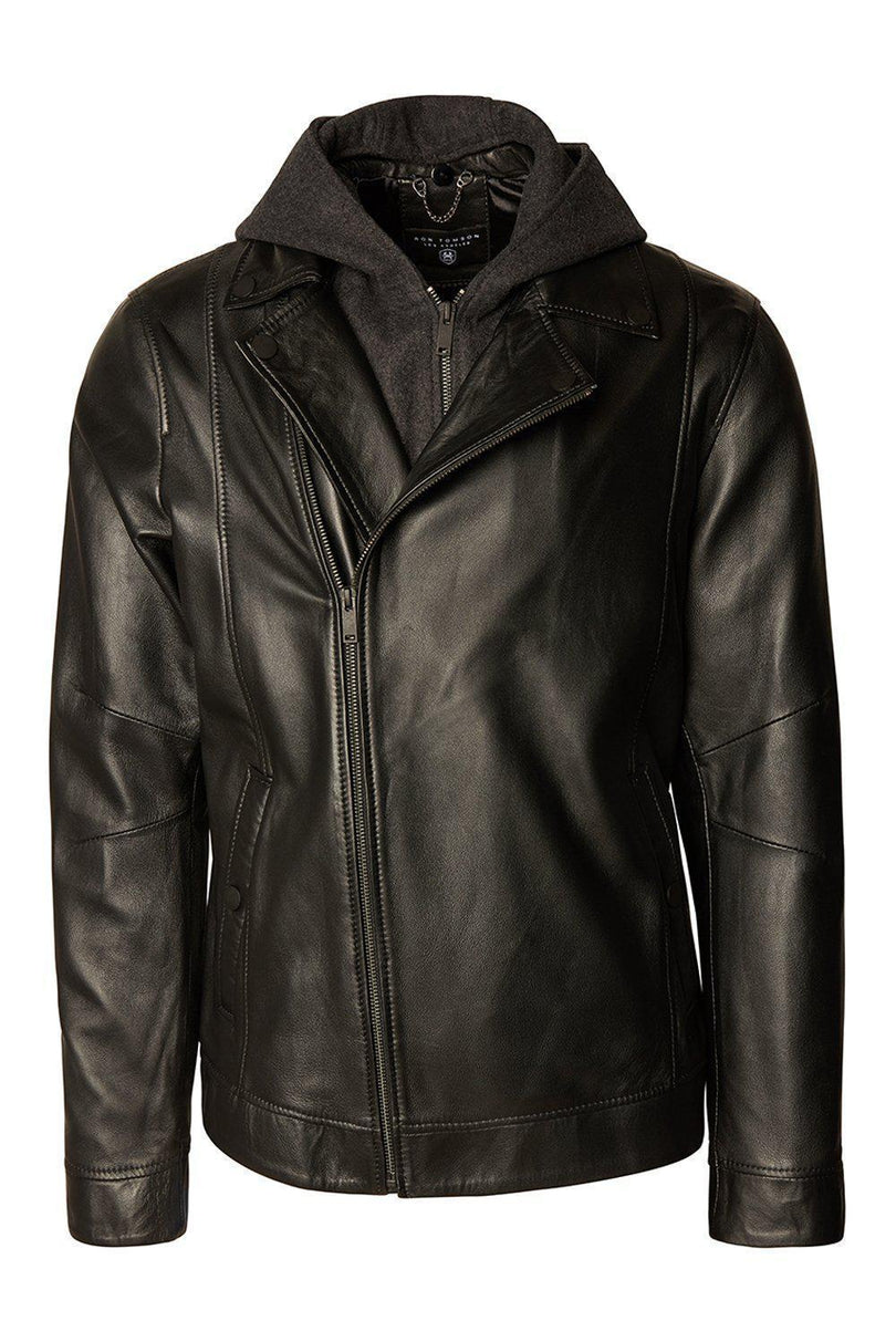 Men's Hooded Zip Front Leather Jacket - Black - Ron Tomson Leather