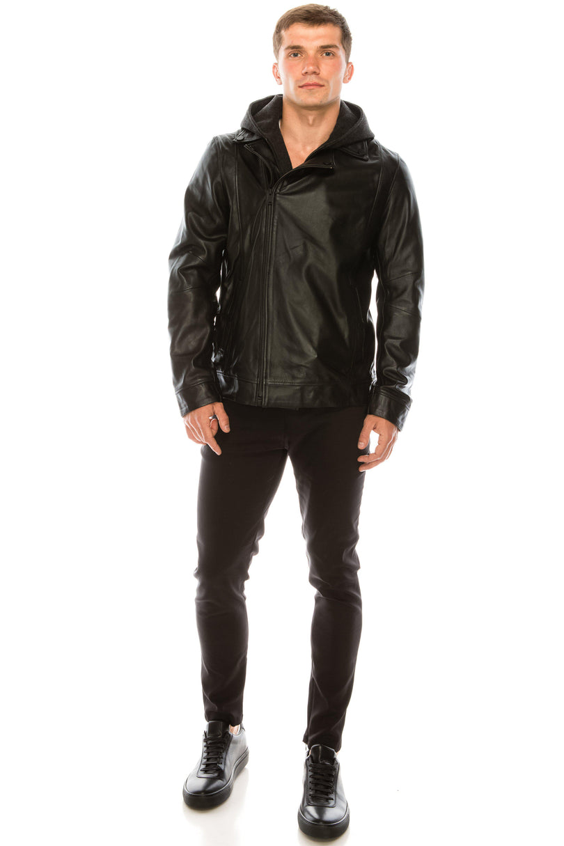 Men's Hooded Zip Front Leather Jacket - Black - Ron Tomson Leather