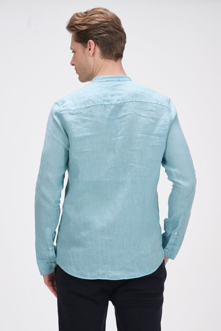 Linen Grandad Shirt - Teal Green - Ron Tomson