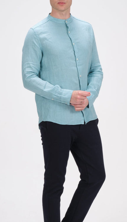 Linen Grandad Shirt - Teal Green - Ron Tomson