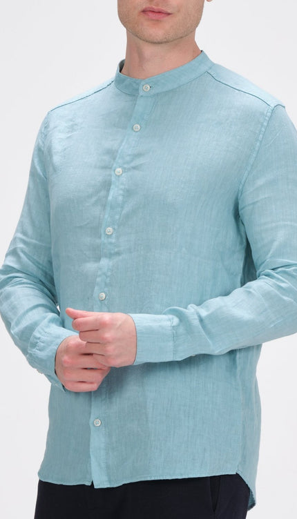 Linen Grandad Shirt - Teal Green - Ron Tomson