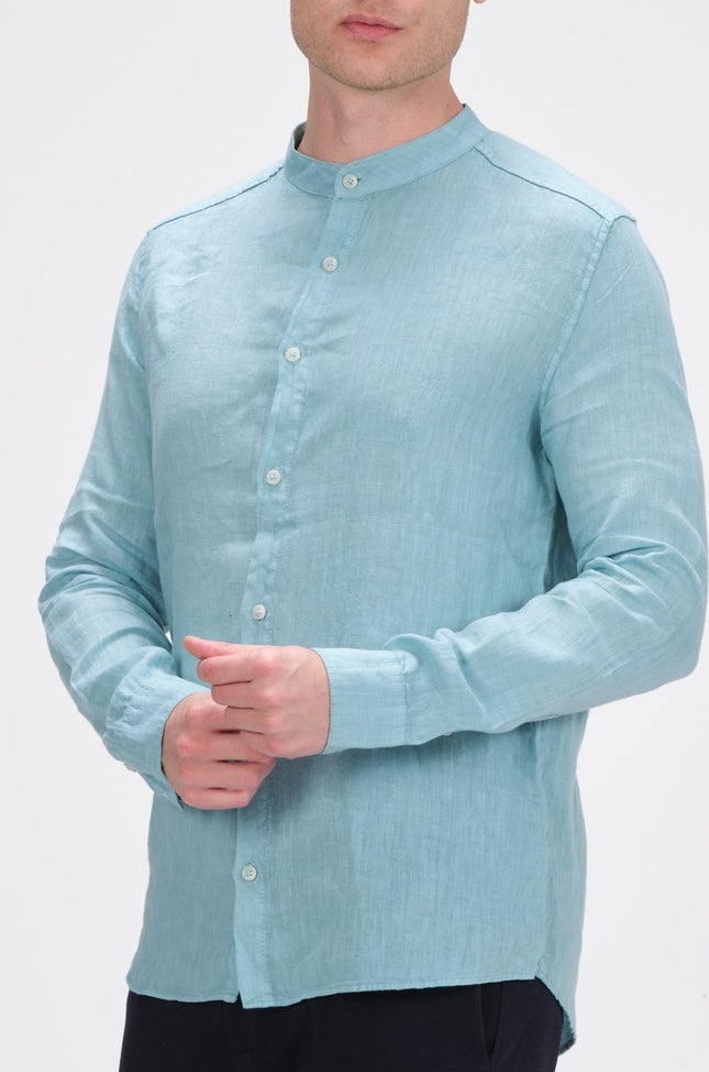 Linen Grandad Shirt - Teal Green - Ron Tomson