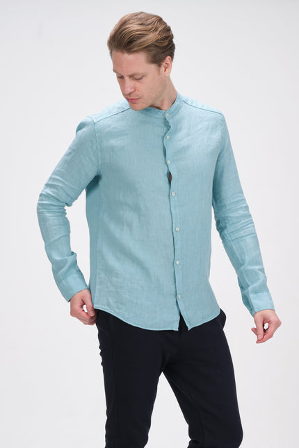 Linen Grandad Shirt - Teal Green - Ron Tomson