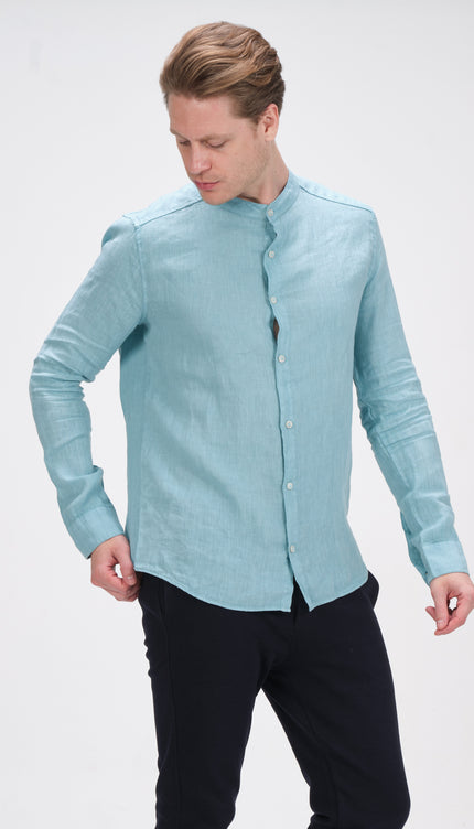 Linen Grandad Shirt - Teal Green - Ron Tomson