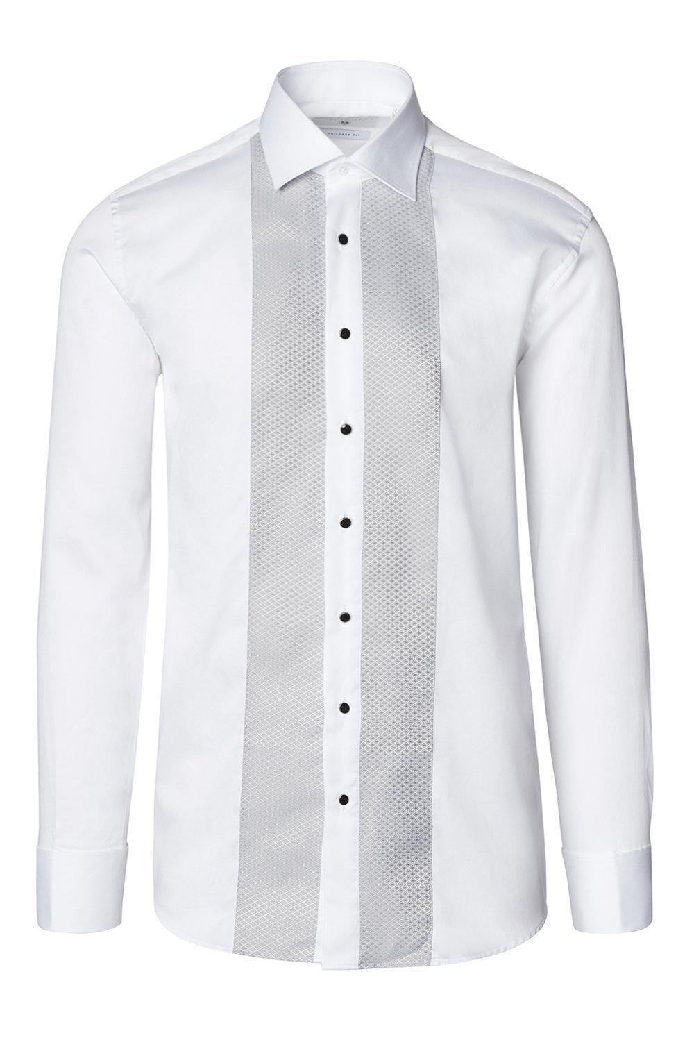 Lurex Paneled Spread Collar Shirt - WHITE GREY - Ron Tomson