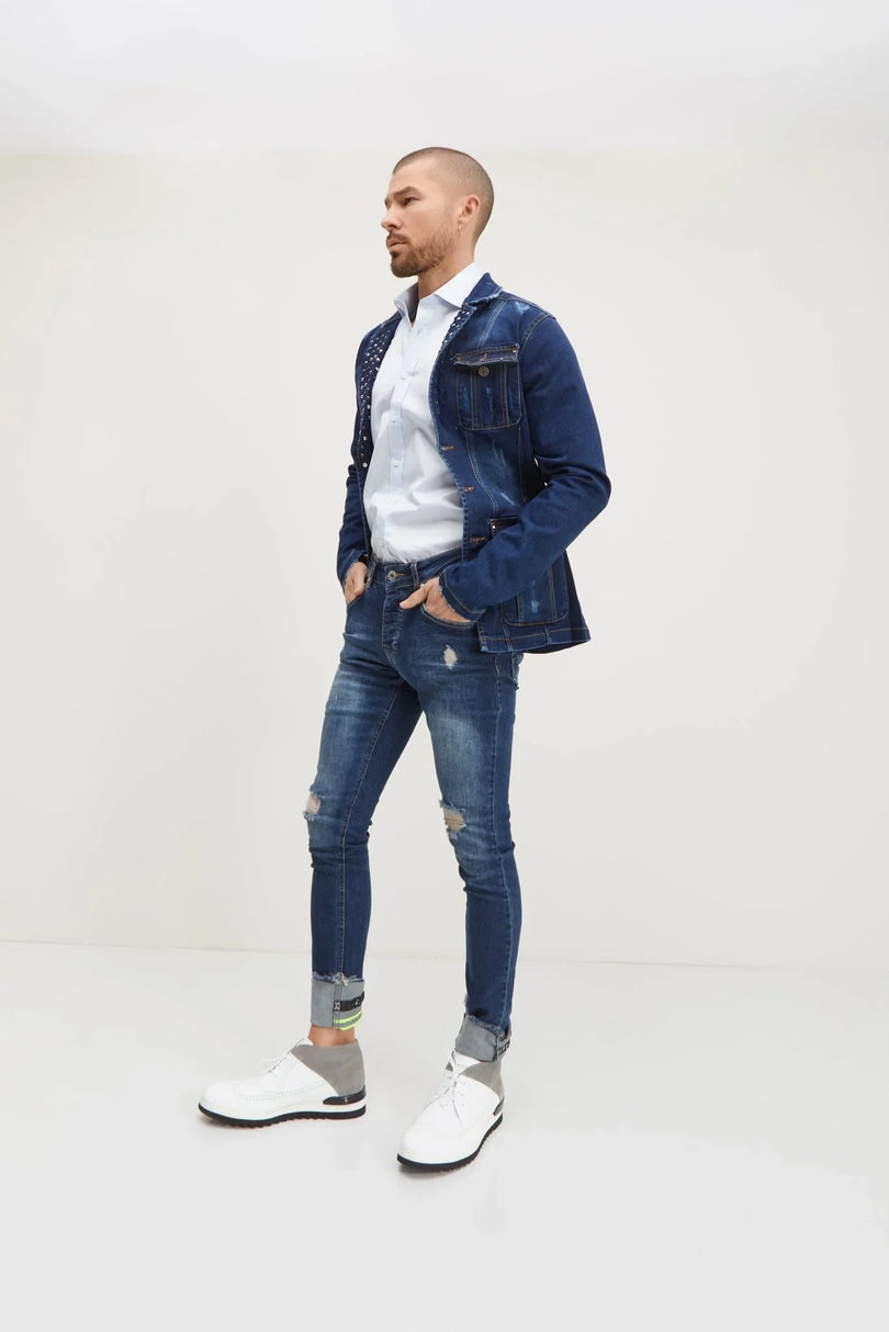 Neon Riveted Skinny Denim Reflectors - Navy - Ron Tomson