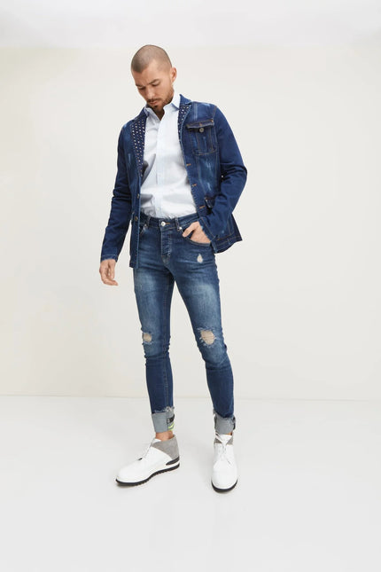 Neon Riveted Skinny Denim Reflectors - Navy - Ron Tomson