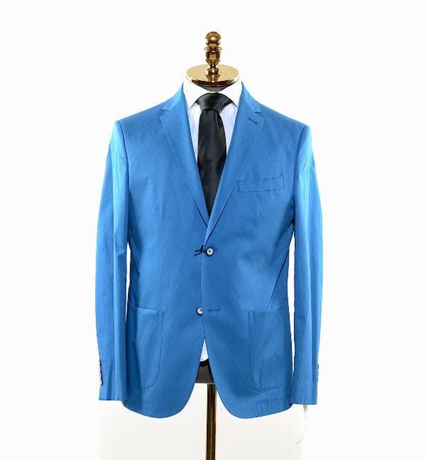 Notch Lapel Slim Fit Cotton Jacket - Blue - Ron Tomson