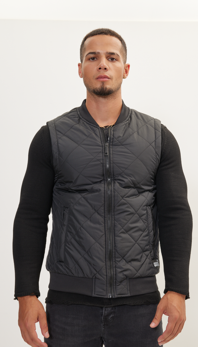 Padded Contrast Placket Vest - Black - Ron Tomson