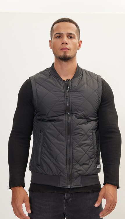 Padded Contrast Placket Vest - Black - Ron Tomson
