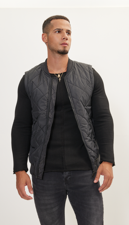 Padded Contrast Placket Vest - Black - Ron Tomson