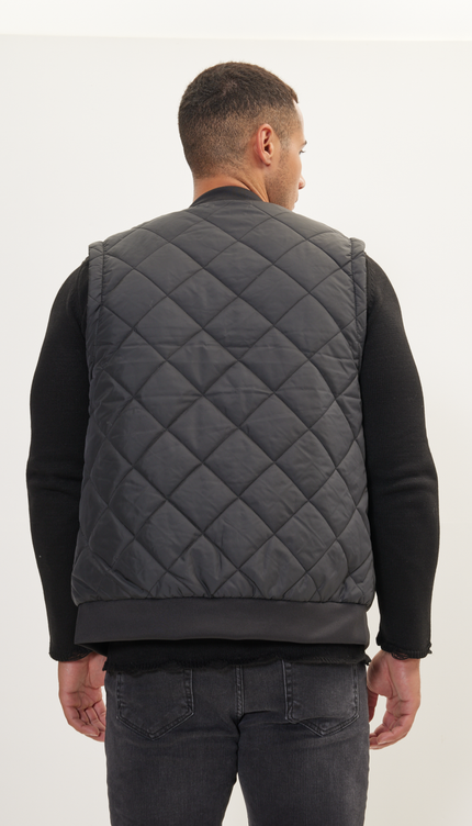 Padded Contrast Placket Vest - Black - Ron Tomson