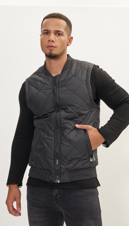 Padded Contrast Placket Vest - Black - Ron Tomson