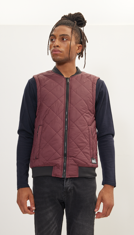 Padded Contrast Placket Vest - Bordeaux - Ron Tomson